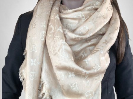 Louis Vuitton Monogram Cream Silk Wool Scarf Cheap