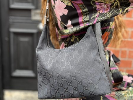 Gucci Black Monogram Canvas & Leather Hobo Hot on Sale