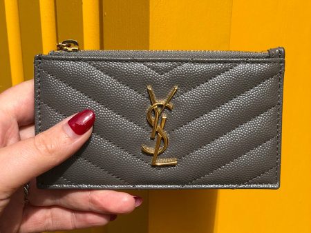 Saint Laurent Grey Chevron Leather Cardholder Online Sale