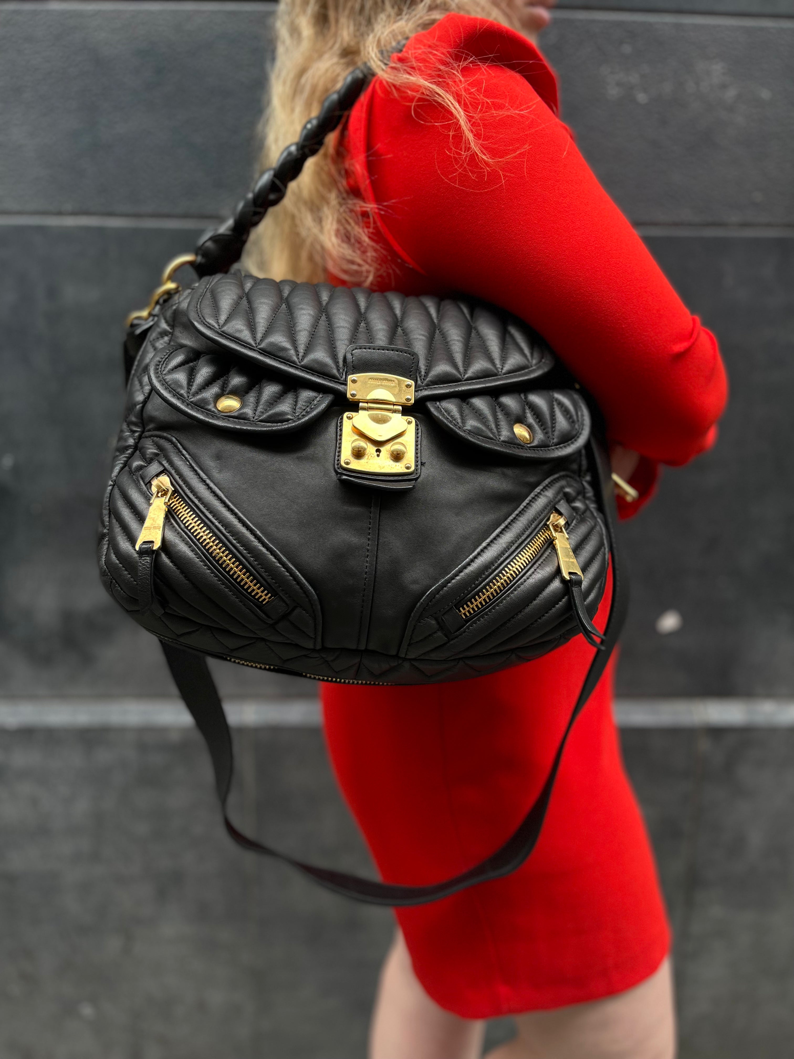 Miu Miu Black Ruched Leather Crossbody For Sale