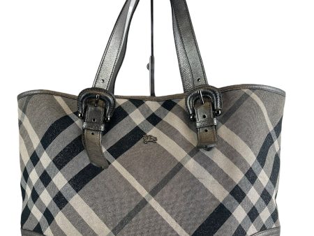 Burberry Grey Checked Leather & Canvas Tote Online now