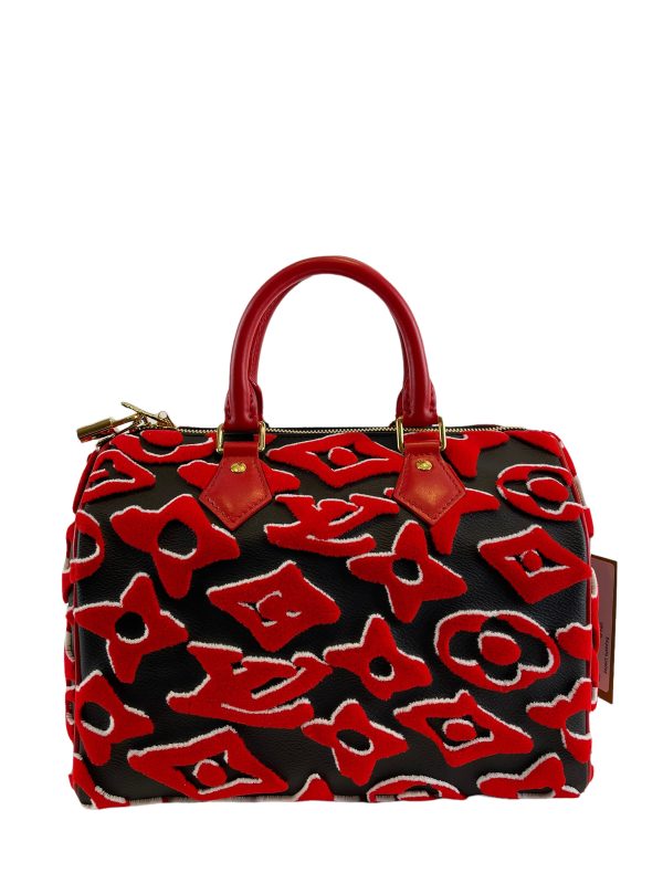 Louis Vuitton x Urs Fischer Red Tufted Velour Monogram Canvas “Speedy 25” Bandouliere Supply