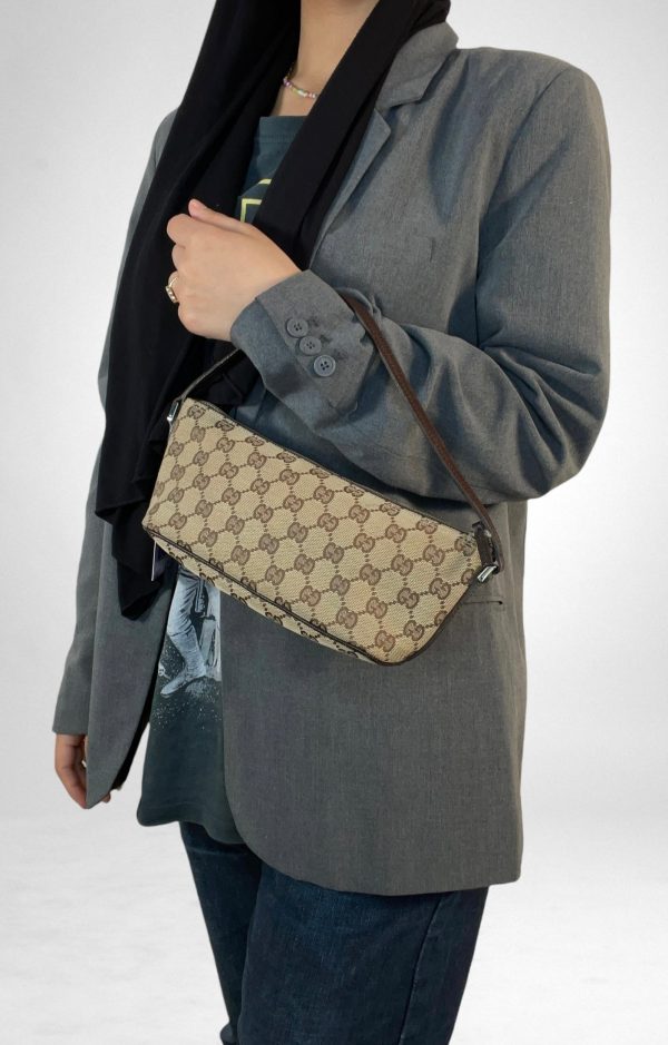 Gucci GG Monogram Canvas & Brown Leather Pochette For Discount