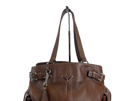 Prada Brown Grained Leather Tote with Contrast White Stitching For Sale