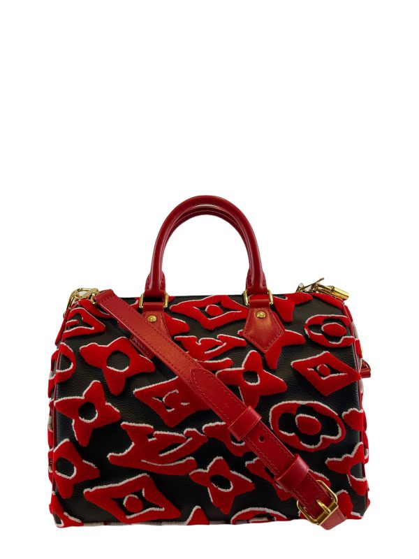 Louis Vuitton x Urs Fischer Red Tufted Velour Monogram Canvas “Speedy 25” Bandouliere Supply