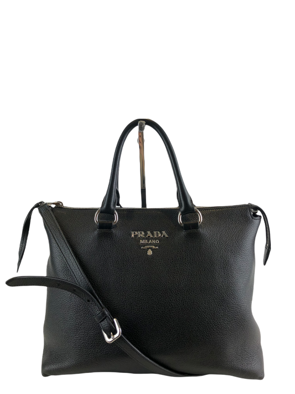 Prada Black Leather ‘Convertable Zip Vitello Phenix’ Tote For Sale