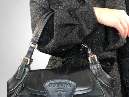 Prada Black Glazed Leather & Nylon Shoulder Bag Cheap