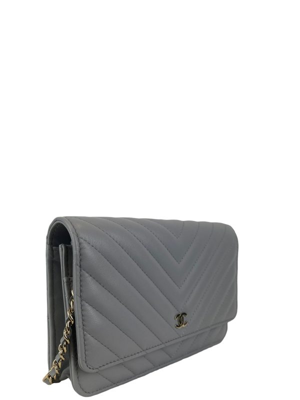 Chanel Pale Grey Chevron Lambskin Leather Wallet on Chain Fashion