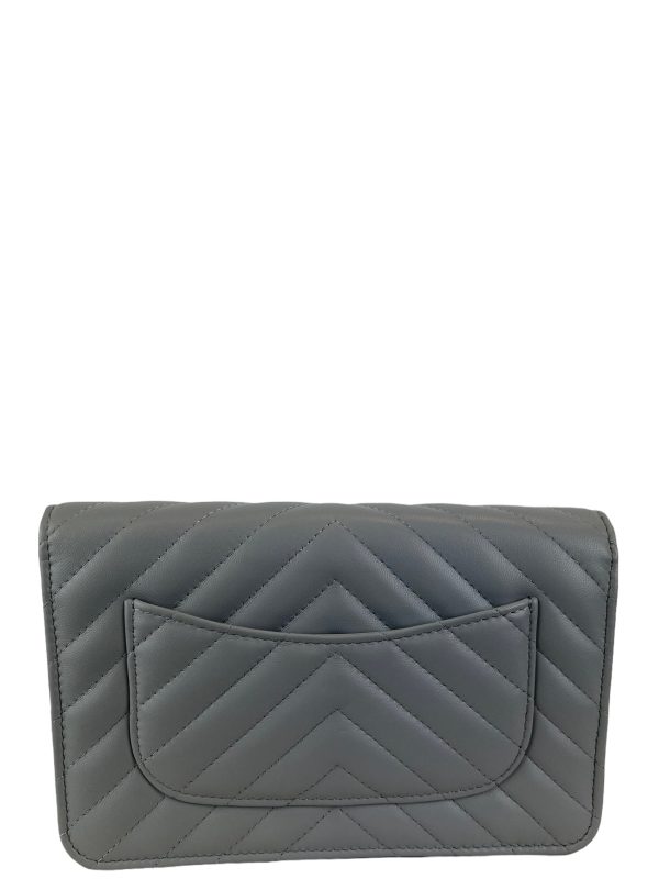 Chanel Pale Grey Chevron Lambskin Leather Wallet on Chain Fashion