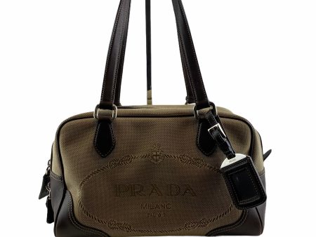 Prada Beige Canvas and Leather Bauletto Bag Hot on Sale